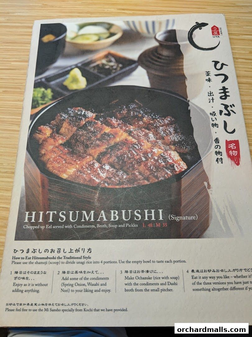 A menu featuring Hitsumabushi, a signature dish of chopped eel served with condiments.