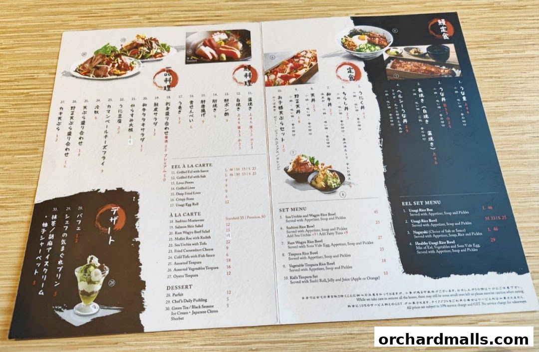 A menu from UYA Unagi Singapore Wheelock featuring eel dishes, set menus, and desserts.