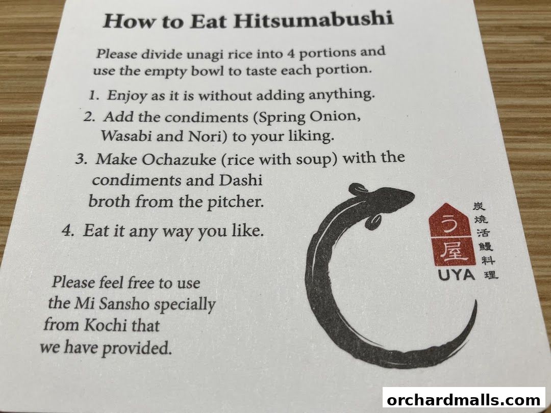 Instructions on how to eat Hitsumabushi with UYA Unagi Singapore logo.