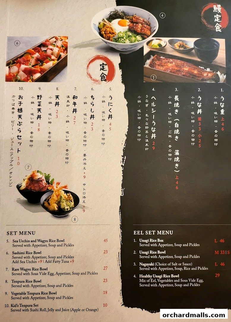 A menu from UYA Unagi Singapore Wheelock featuring eel dishes and set menus.