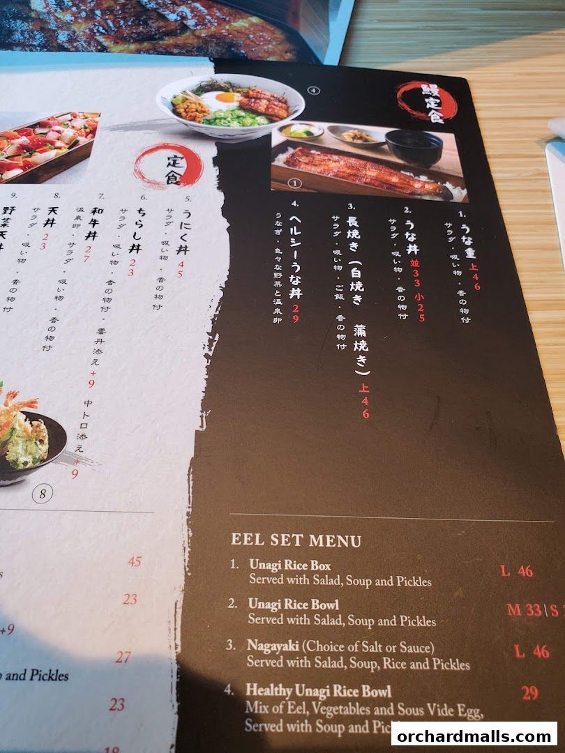 A menu from UYA Unagi Singapore Wheelock featuring eel set meals and other Japanese dishes.