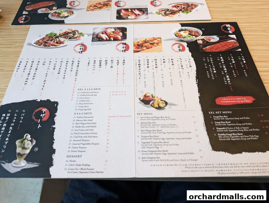 A menu from UYA Unagi Singapore Wheelock featuring eel dishes, set menus, and desserts.