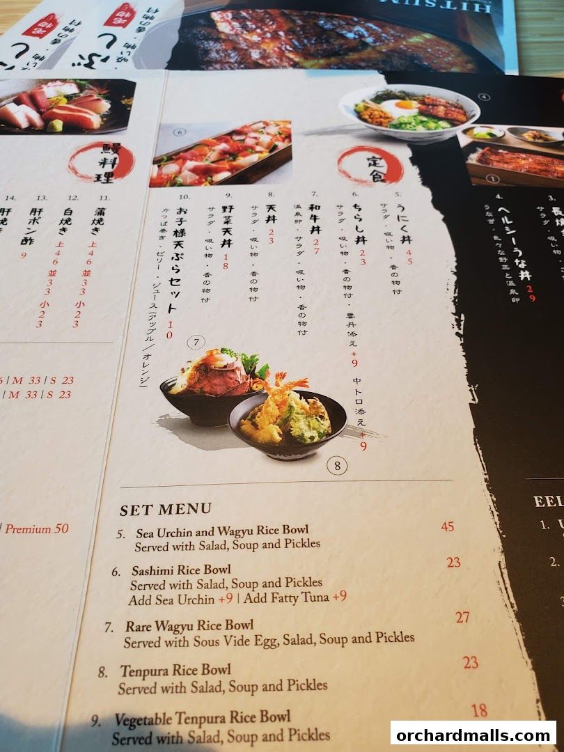 A menu from UYA Unagi Singapore Wheelock featuring various rice bowls and set meals.