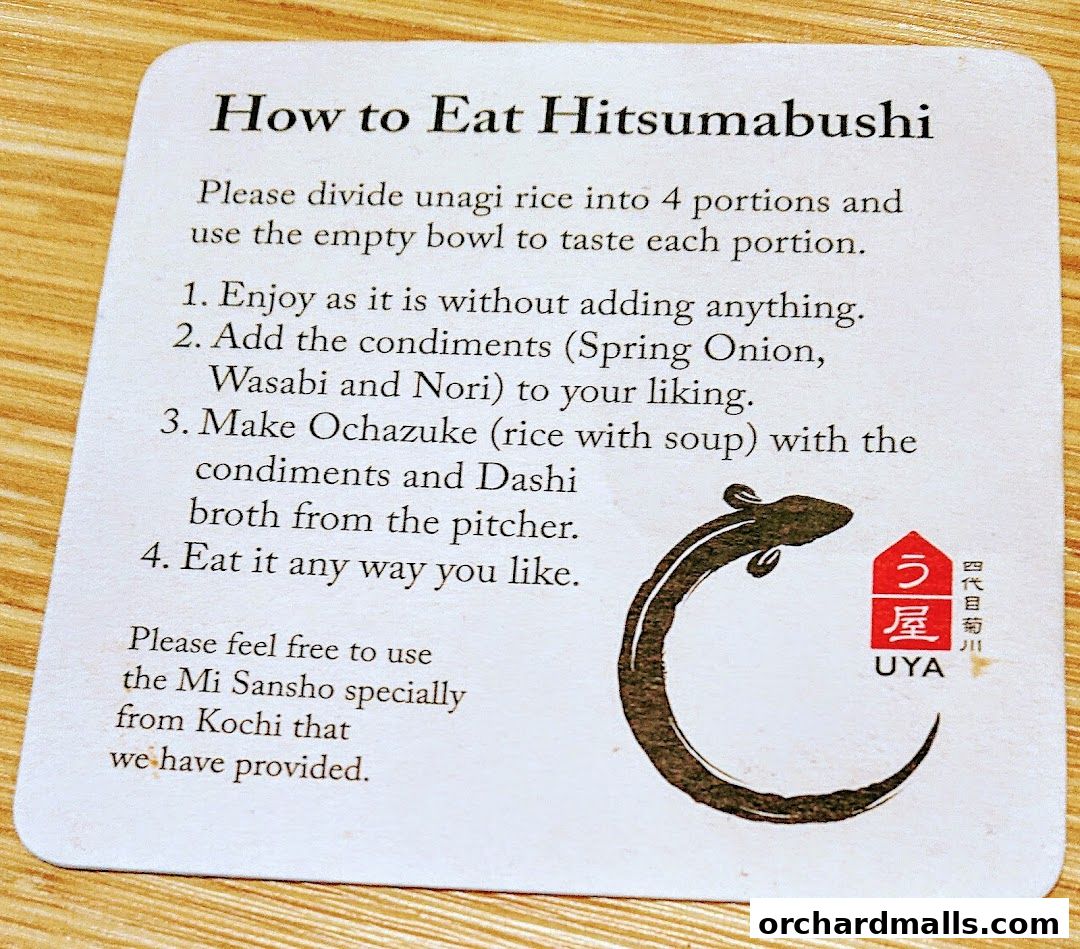 Instructions on how to eat Hitsumabushi with condiments and broth.