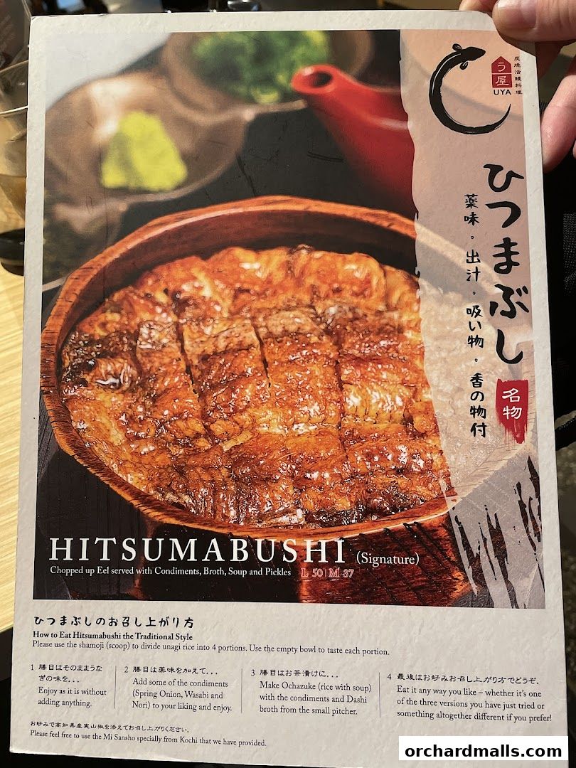 A menu featuring Hitsumabushi, a chopped eel dish served with condiments, broth, soup, and pickles.