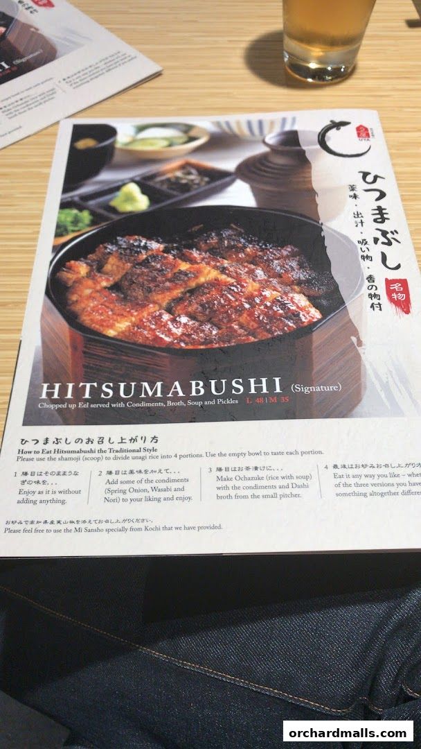A menu featuring Hitsumabushi, a chopped eel dish served with condiments, broth, soup, and pickles.