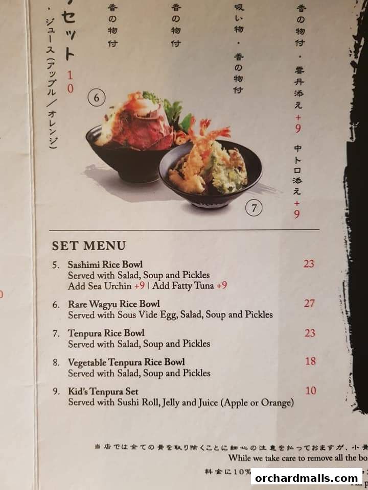 A menu featuring set meals with rice bowls and tempura, including options for sashimi and wagyu.