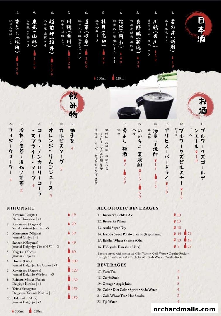 A menu featuring Japanese sake, alcoholic beverages, and other drinks with prices.