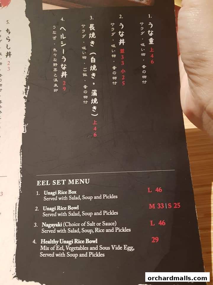 A menu featuring eel dishes, including rice boxes, bowls, and nagayaki.