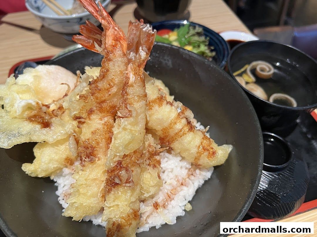 A close-up of a delicious tempura shrimp and rice bowl with a side of soup.