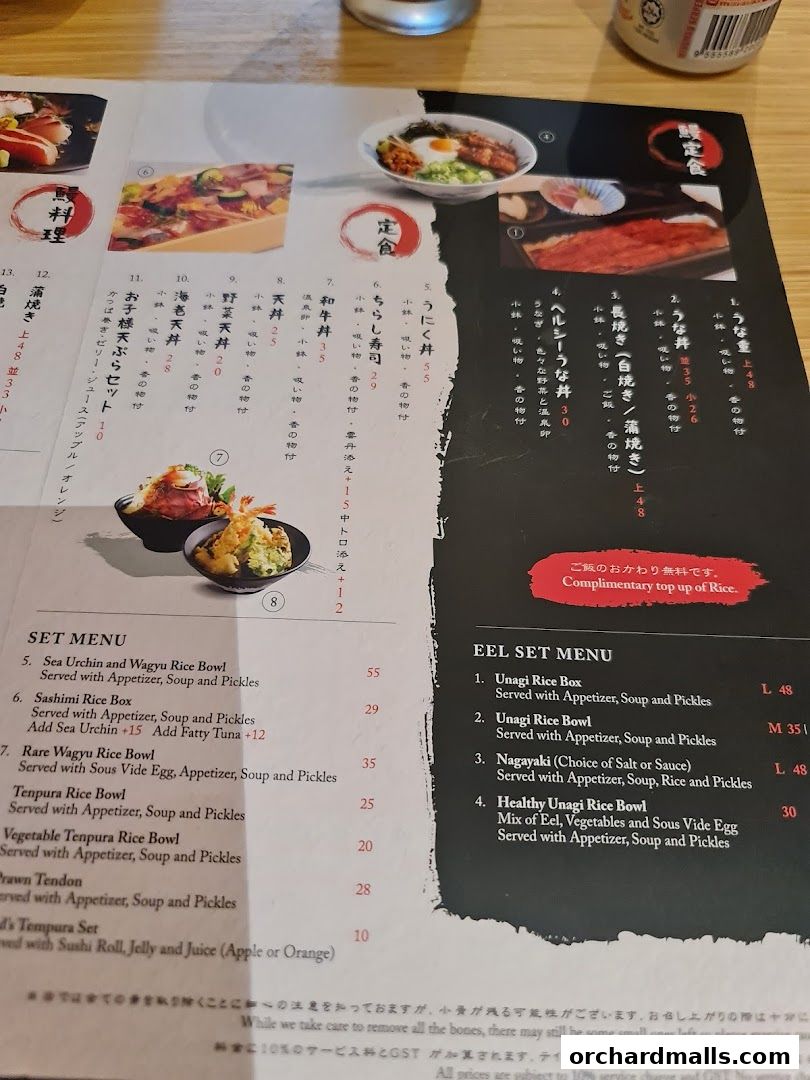 A menu from UYA Unagi Singapore Wheelock featuring eel dishes and set menus.