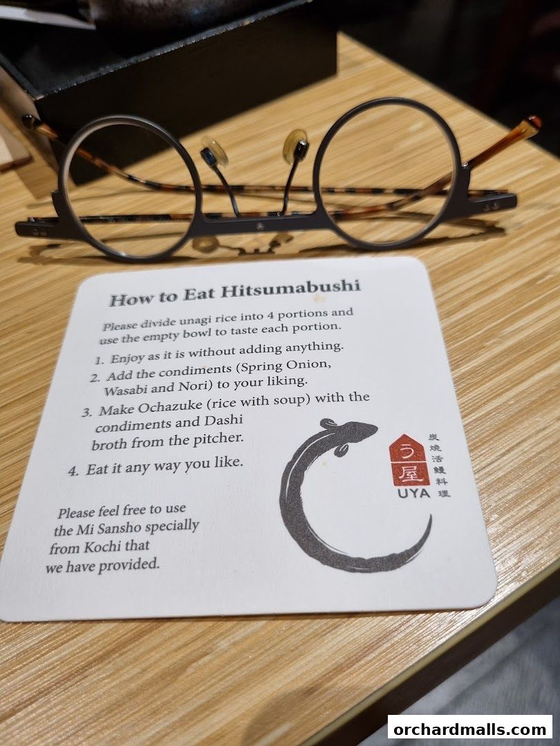 A guide on how to eat Hitsumabushi with a pair of glasses on top.