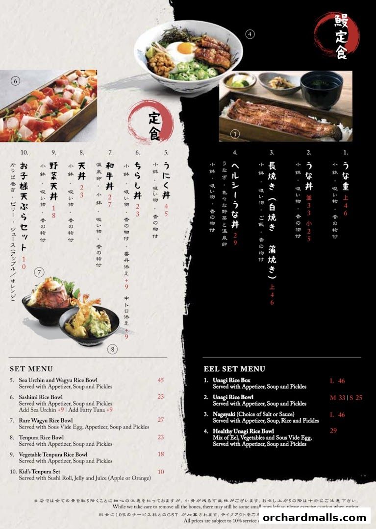 A menu for UYA Unagi Singapore Wheelock featuring eel dishes and set menus.