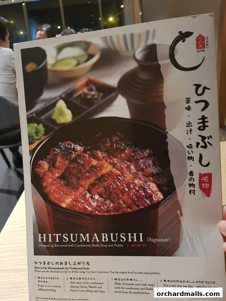 A menu featuring Hitsumabushi, a chopped eel dish served with condiments.