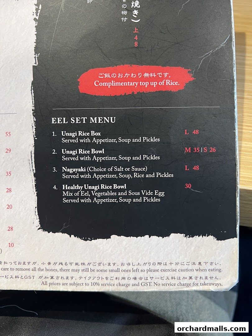 A menu for Eel Set Meals at UYA Unagi Singapore Wheelock.