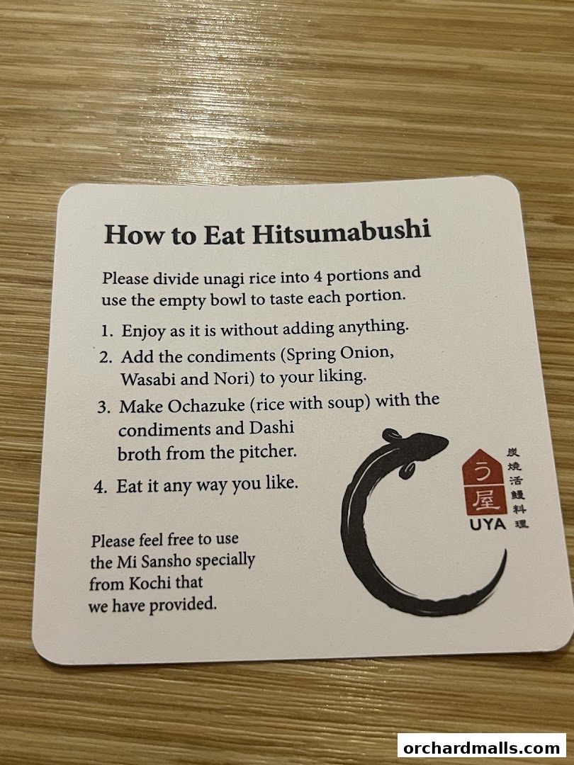 A card explaining how to eat Hitsumabushi at UYA Unagi Singapore.