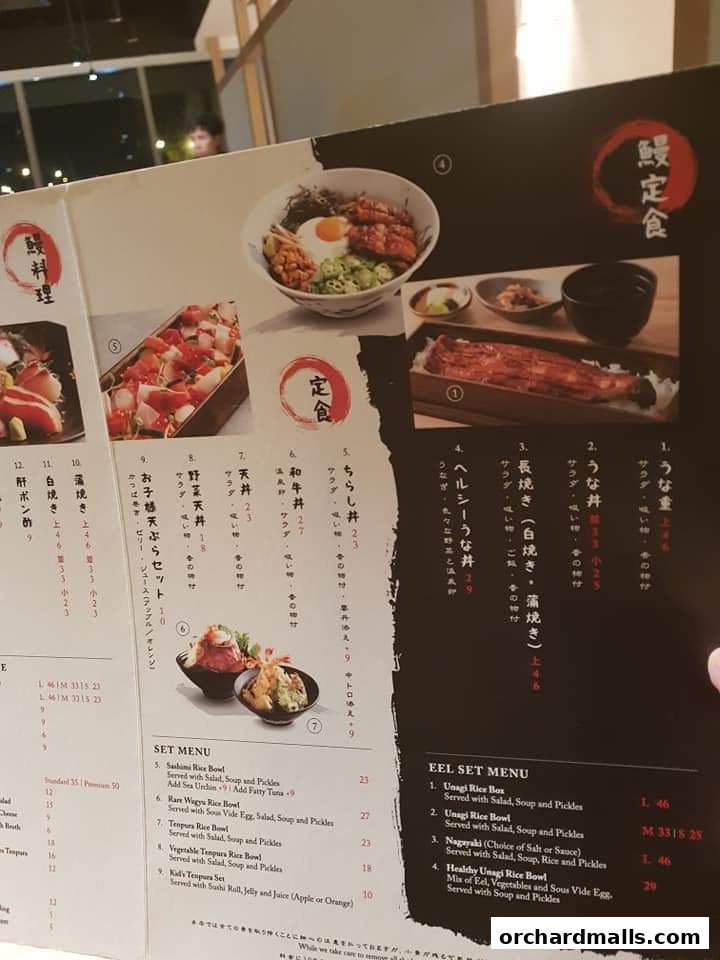 A menu from UYA Unagi Singapore Wheelock featuring various eel and set menu dishes.