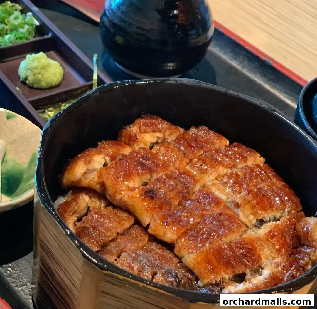A close-up of a delicious unagi donburi dish with grilled eel over rice.