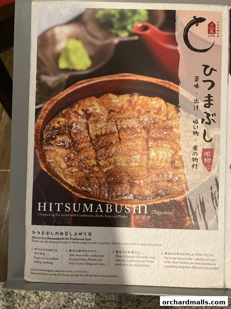 A close-up of a Hitsumabushi dish with instructions on how to eat it.
