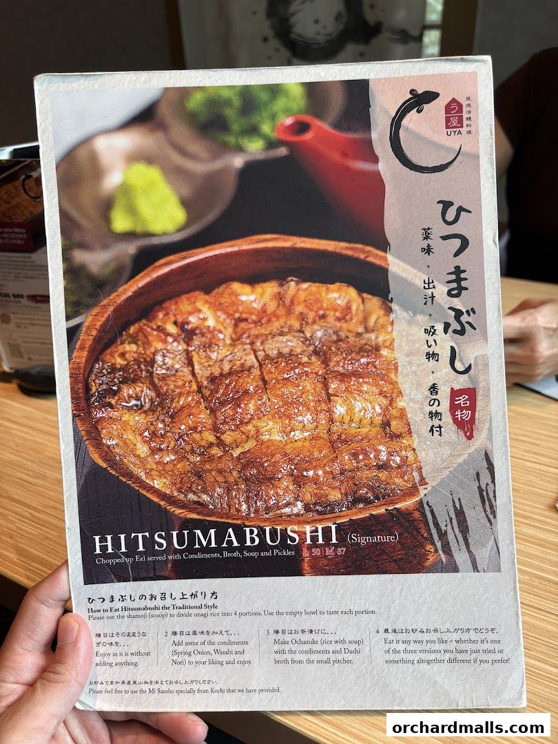 A menu featuring Hitsumabushi, a signature chopped eel dish, with instructions on how to eat it.