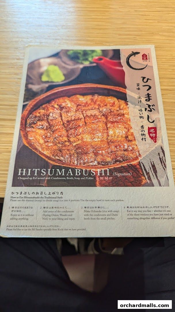 A menu featuring Hitsumabushi, a chopped eel dish served with various condiments.