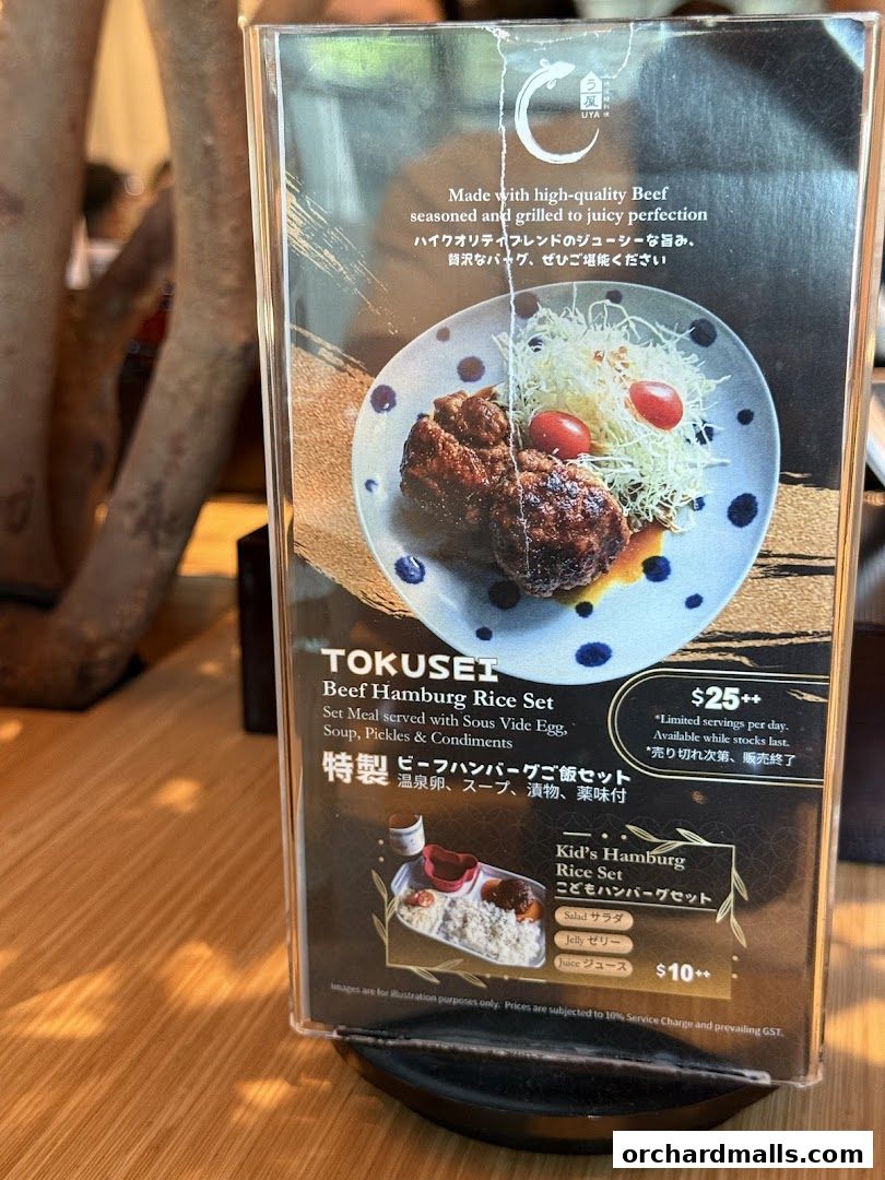 A menu featuring a Beef Hamburg Rice Set and Kid's Hamburg Rice Set.