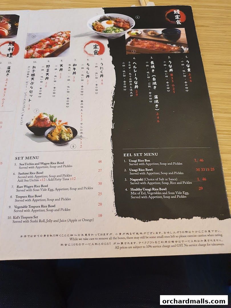 A menu from UYA Unagi Singapore Wheelock featuring eel dishes and set menus.
