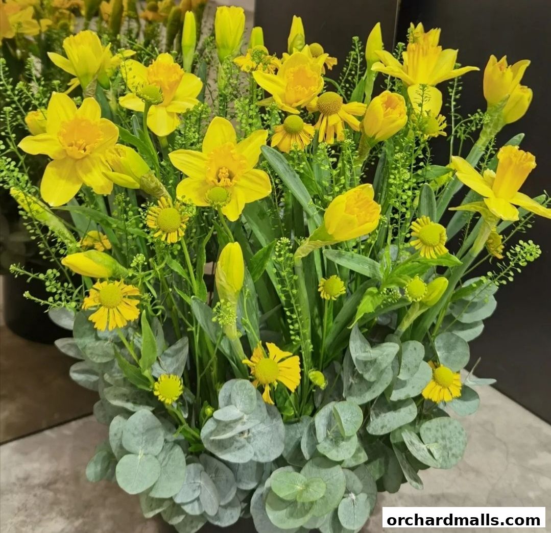 A vibrant bouquet of yellow daffodils and greenery with eucalyptus leaves.