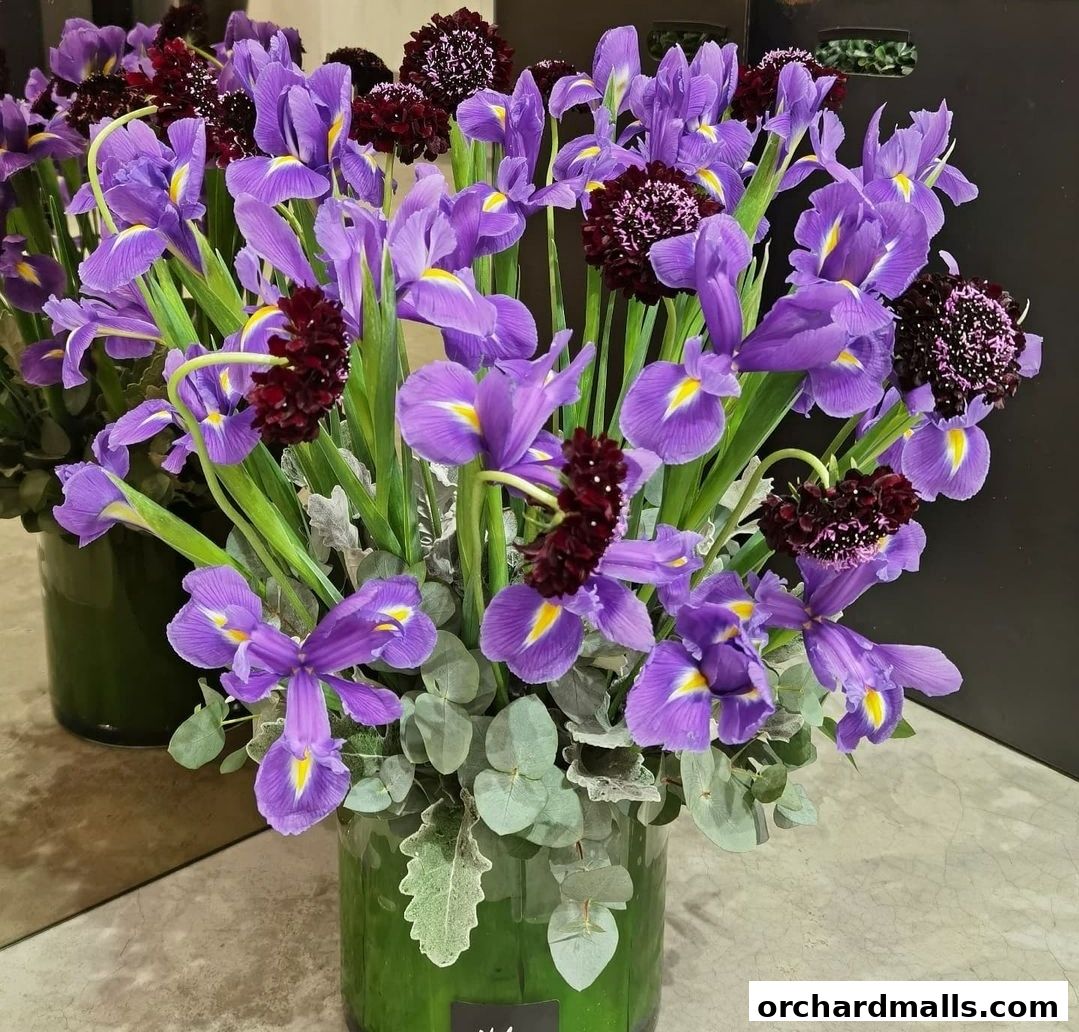 A vibrant bouquet of purple irises and dark red flowers in a glass vase.