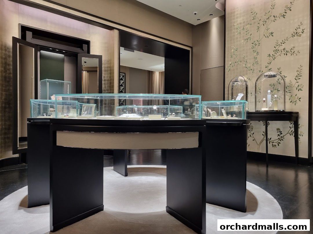 Interior view of a luxury jewelry store with display cases showcasing exquisite pieces.
