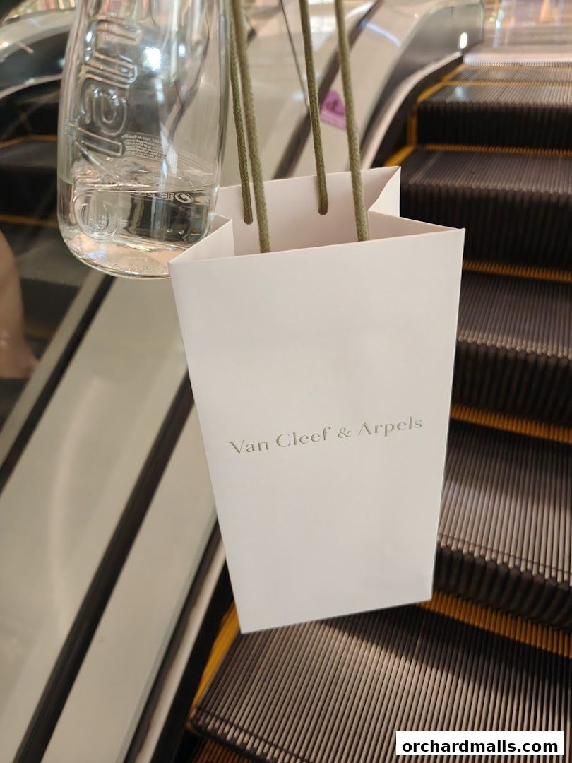 A white shopping bag with the Van Cleef & Arpels logo on an escalator.