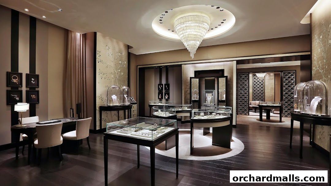 Luxurious jewelry store interior with display cases, seating area, and ornate chandelier.