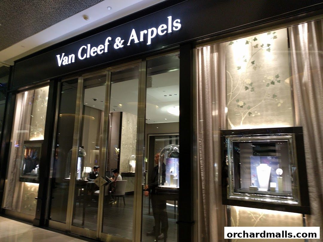 Exterior view of Van Cleef & Arpels boutique with illuminated displays and elegant decor.