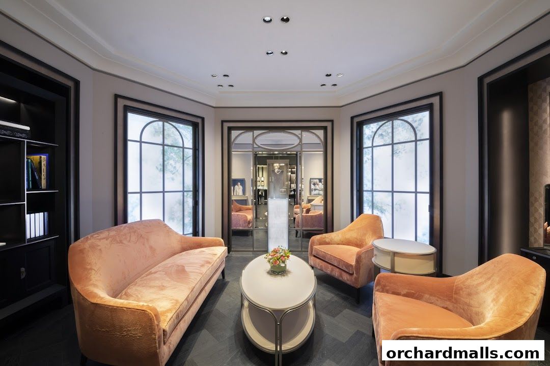 Luxurious interior with plush orange seating and elegant decor, reflecting a high-end boutique ambiance.