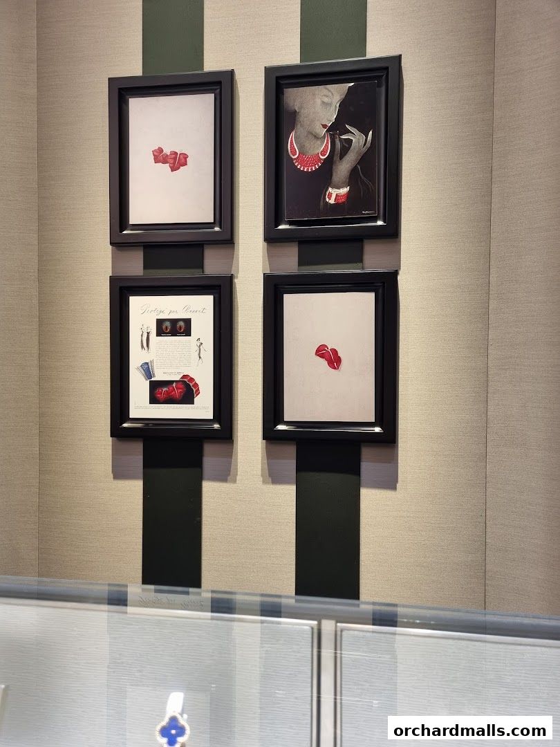 Framed artwork featuring Van Cleef & Arpels jewelry and fashion illustrations.