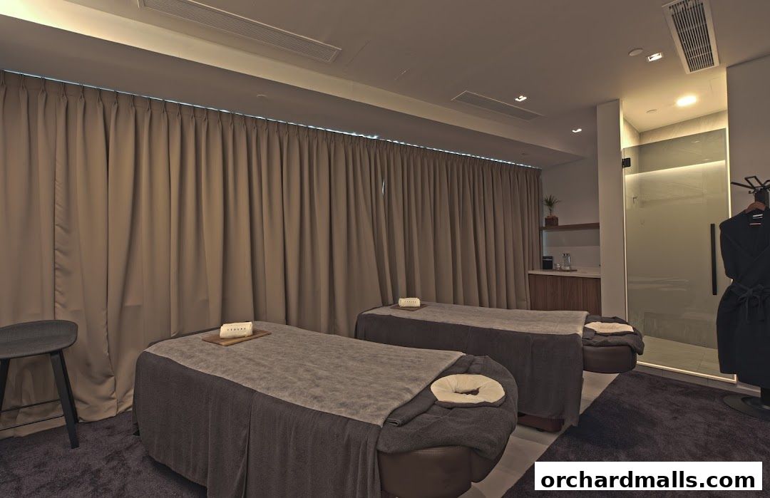 Interior of a spa with two massage beds, a shower area, and a stool.
