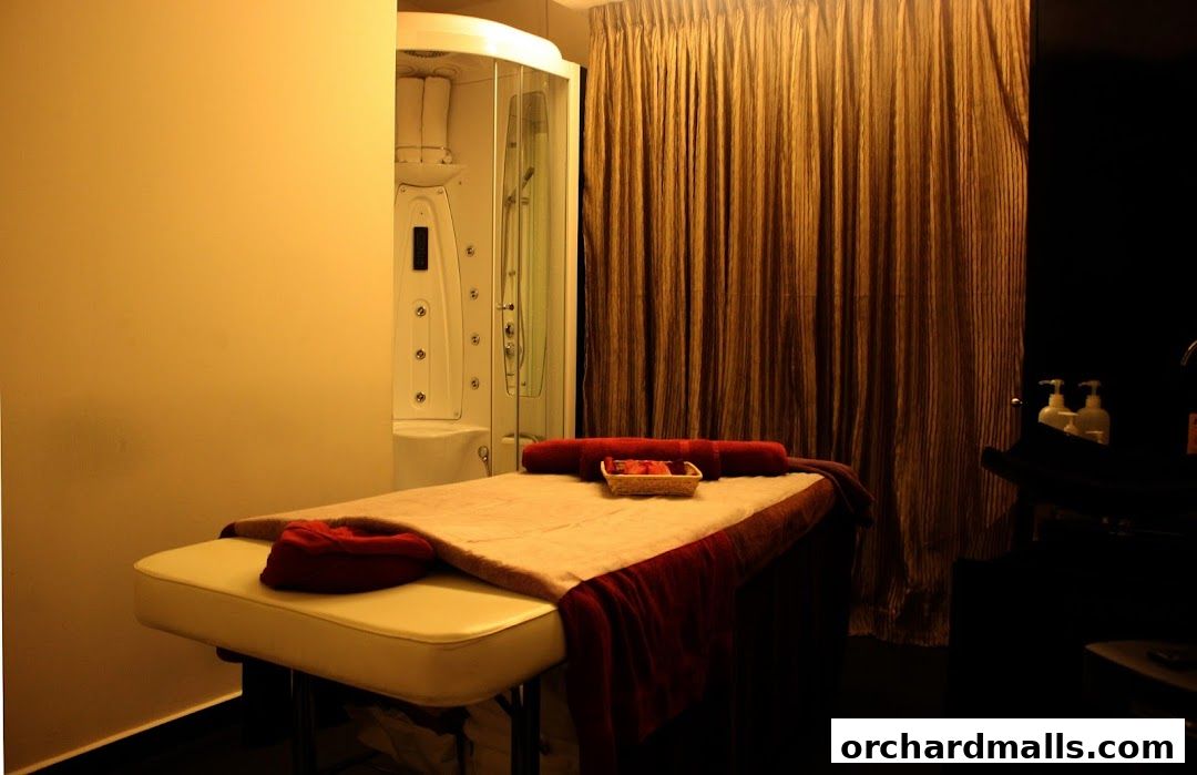 A massage bed and a shower cabin in a dimly lit spa room.