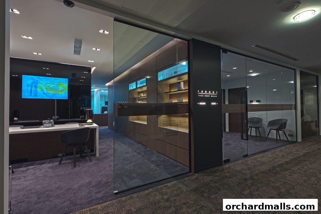 Interior view of Vedure Face, Body & Nail MediSpa with reception and product display.