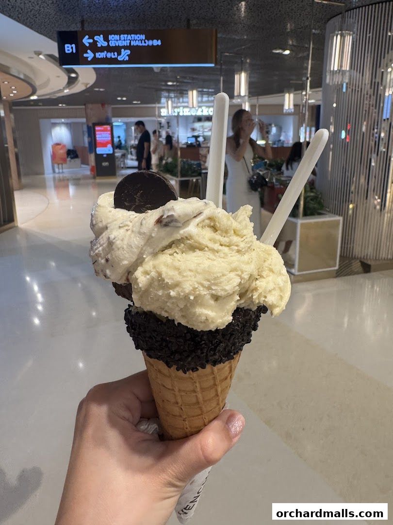 A hand holds a double-scoop ice cream cone with chocolate sprinkles and an Oreo cookie.