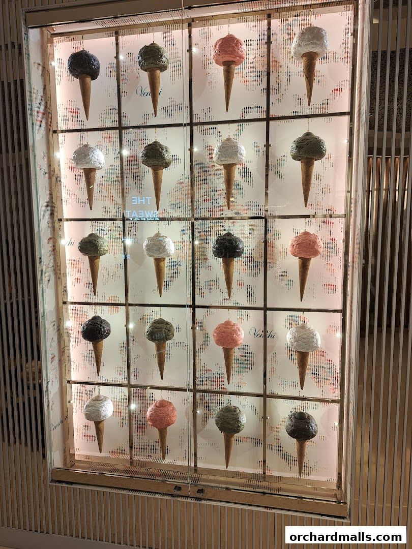 A display window showcasing various flavors of Venchi gelato in waffle cones.