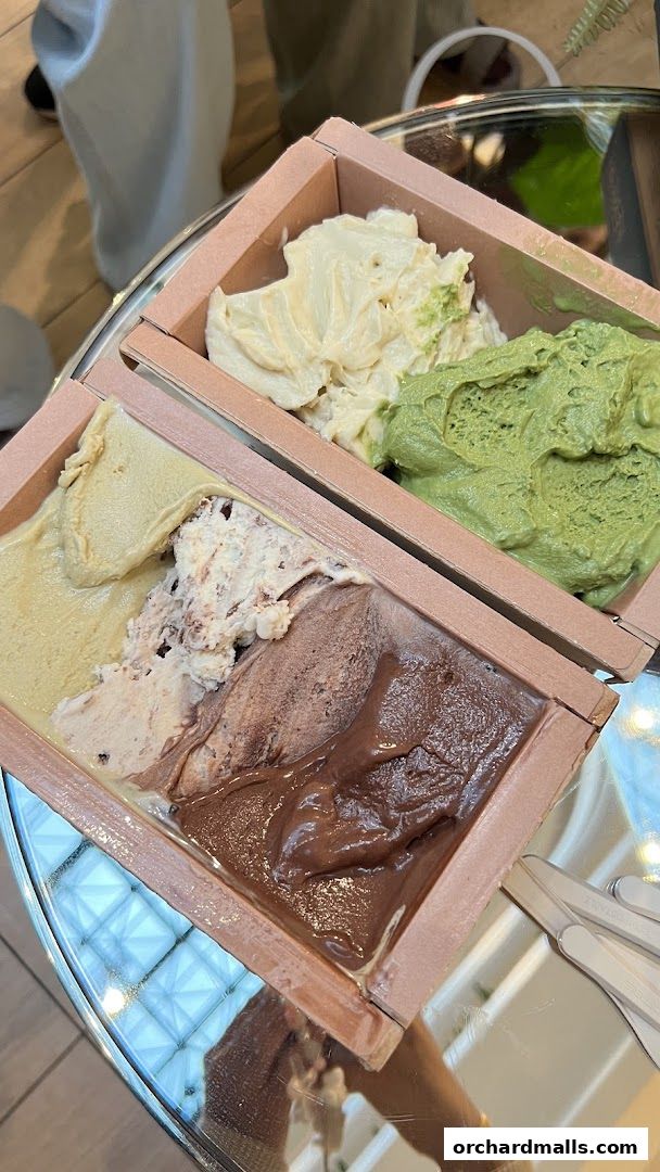 A close-up of a tasting box filled with assorted flavors of gelato.