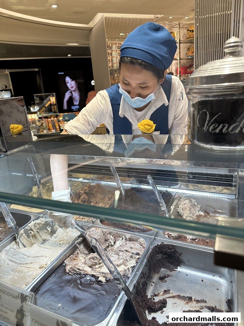A Venchi employee serves gelato from a display case filled with various flavors.