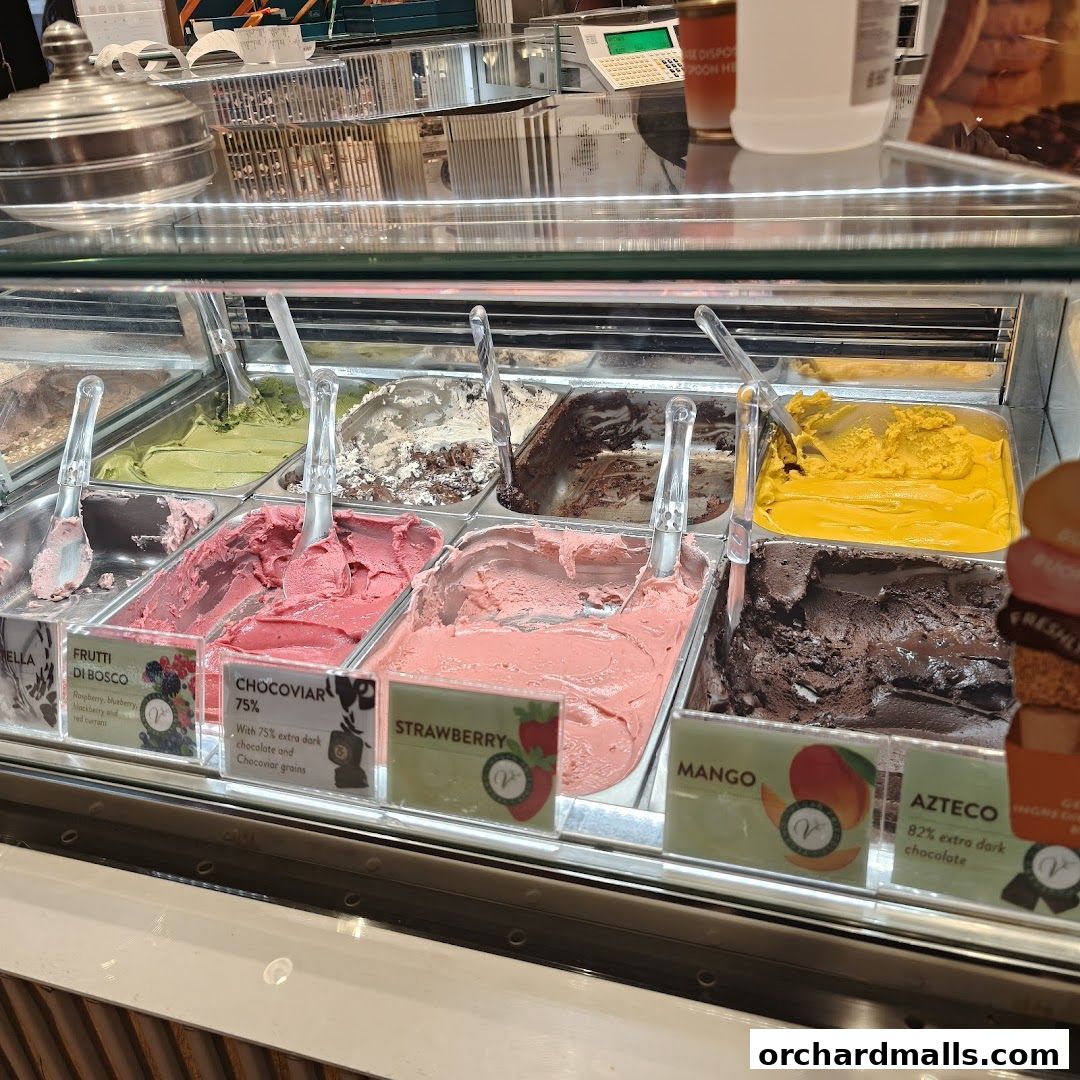 A display case filled with various flavors of gelato, featuring scoops and flavor labels.