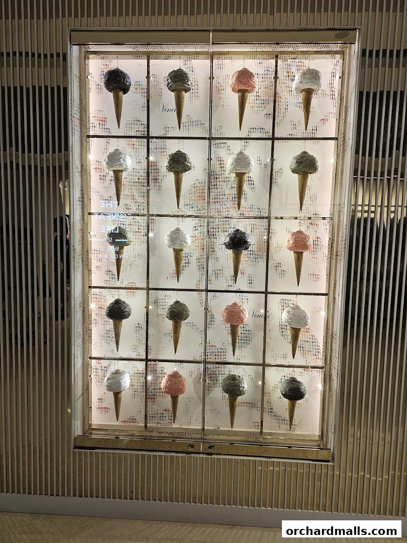 A display window showcasing various flavors of Venchi gelato in cones.