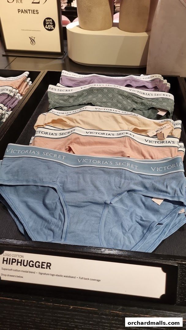 Victoria's Secret shop display featuring various colors of logo cotton hiphugger panties.