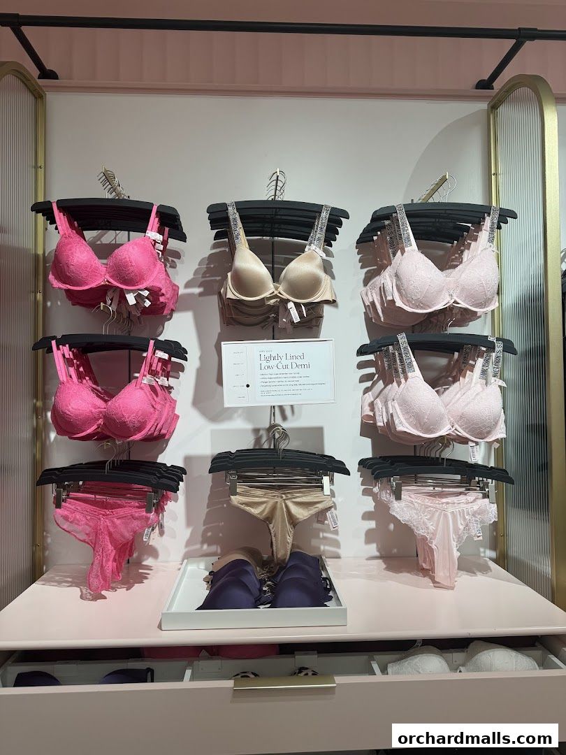 Victoria's Secret display featuring pink and beige bras and thongs.
