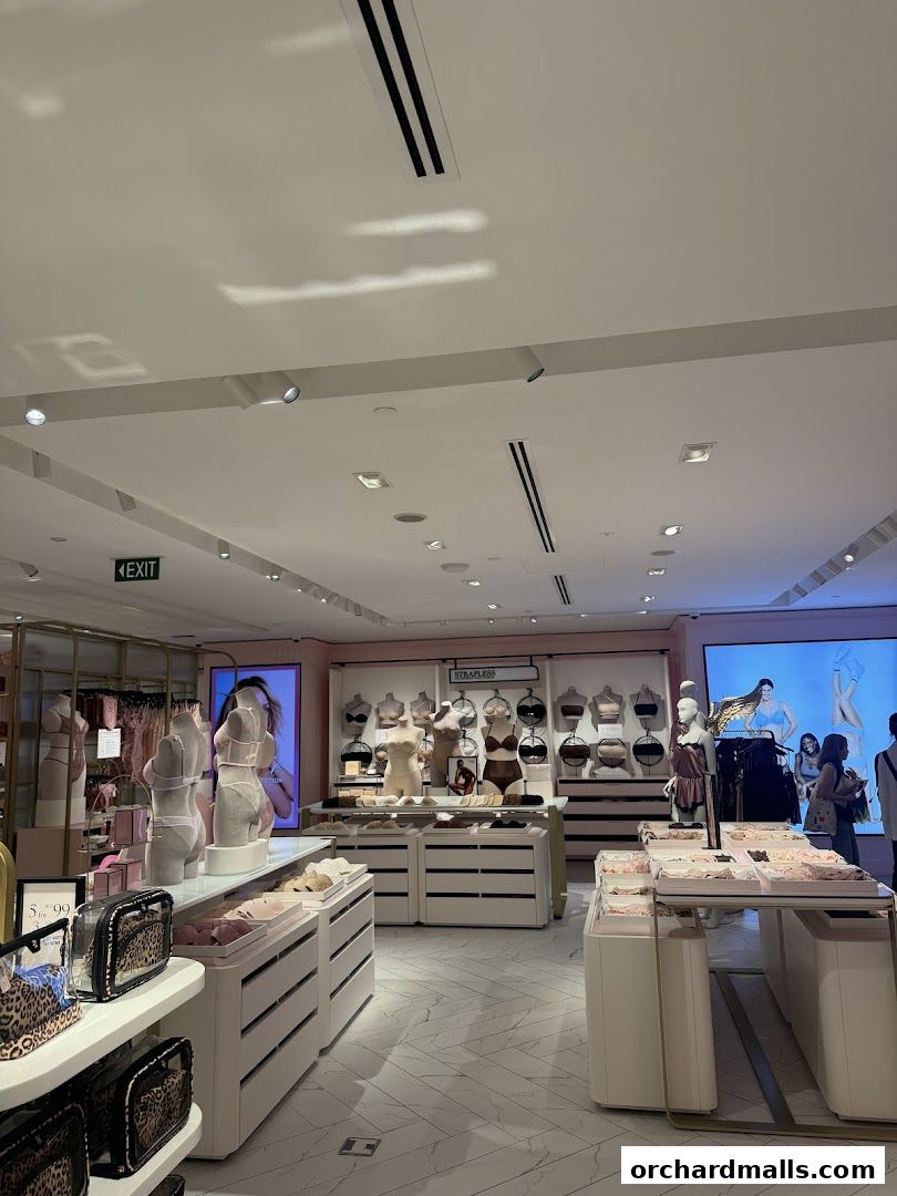 Interior view of a Victoria's Secret store showcasing lingerie on mannequins and displays.