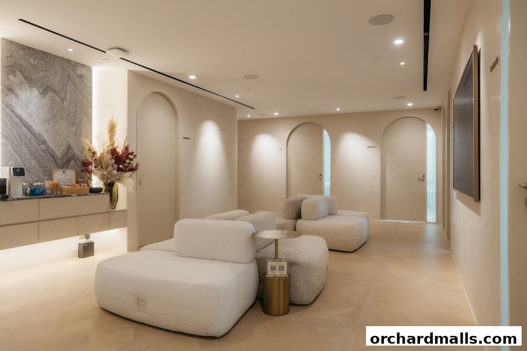 Interior of a modern medical aesthetic clinic with comfortable seating and arched doorways.