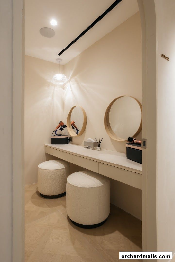 A clean and modern vanity area with mirrors, stools, and hair dryers.