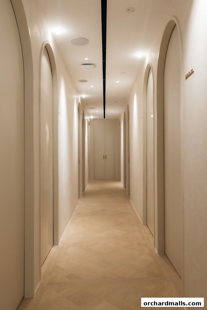 A clean, modern hallway with arched doorways and warm lighting.